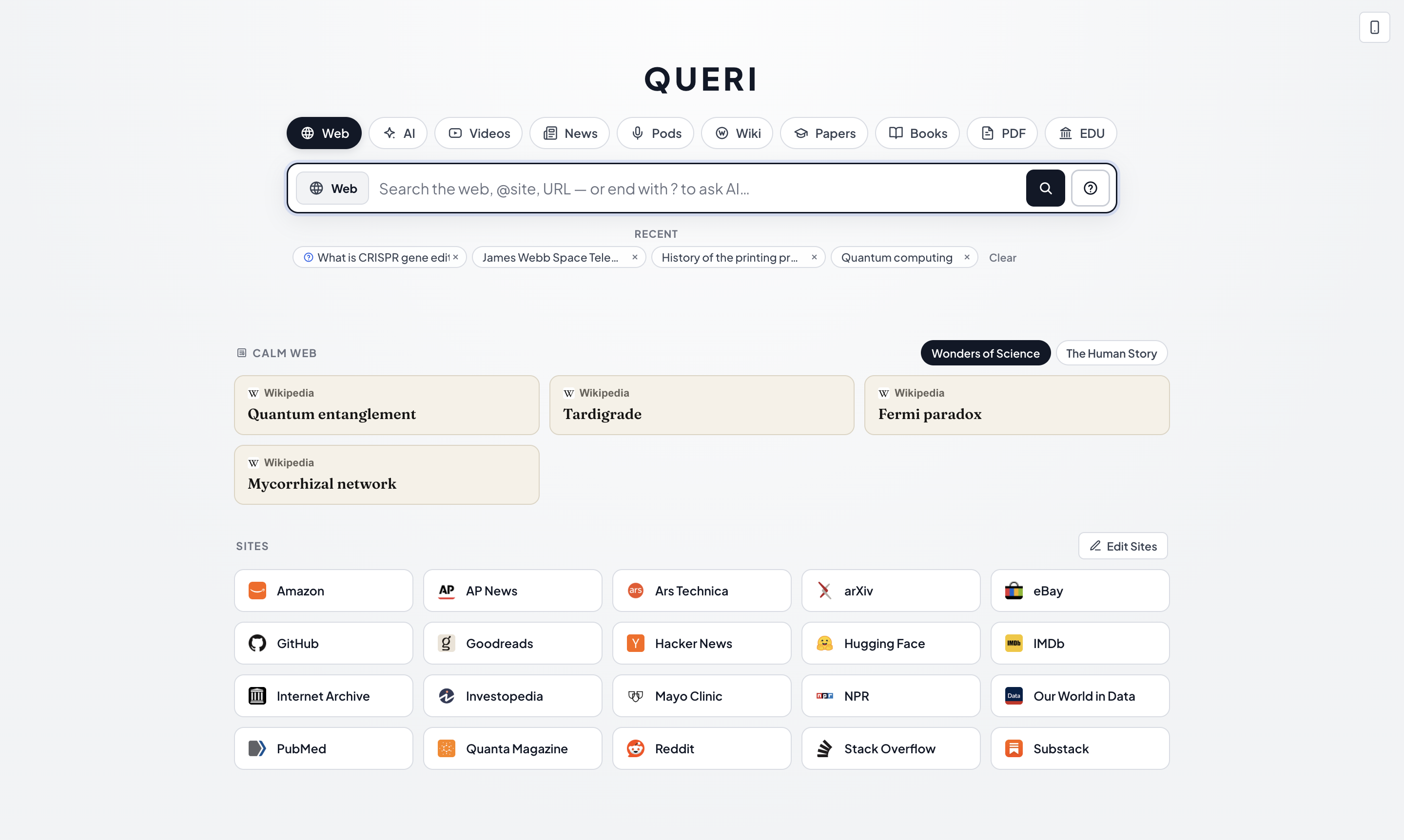 QUERI home screen showing curated Collections such as Wonders of Science and The Human Story.