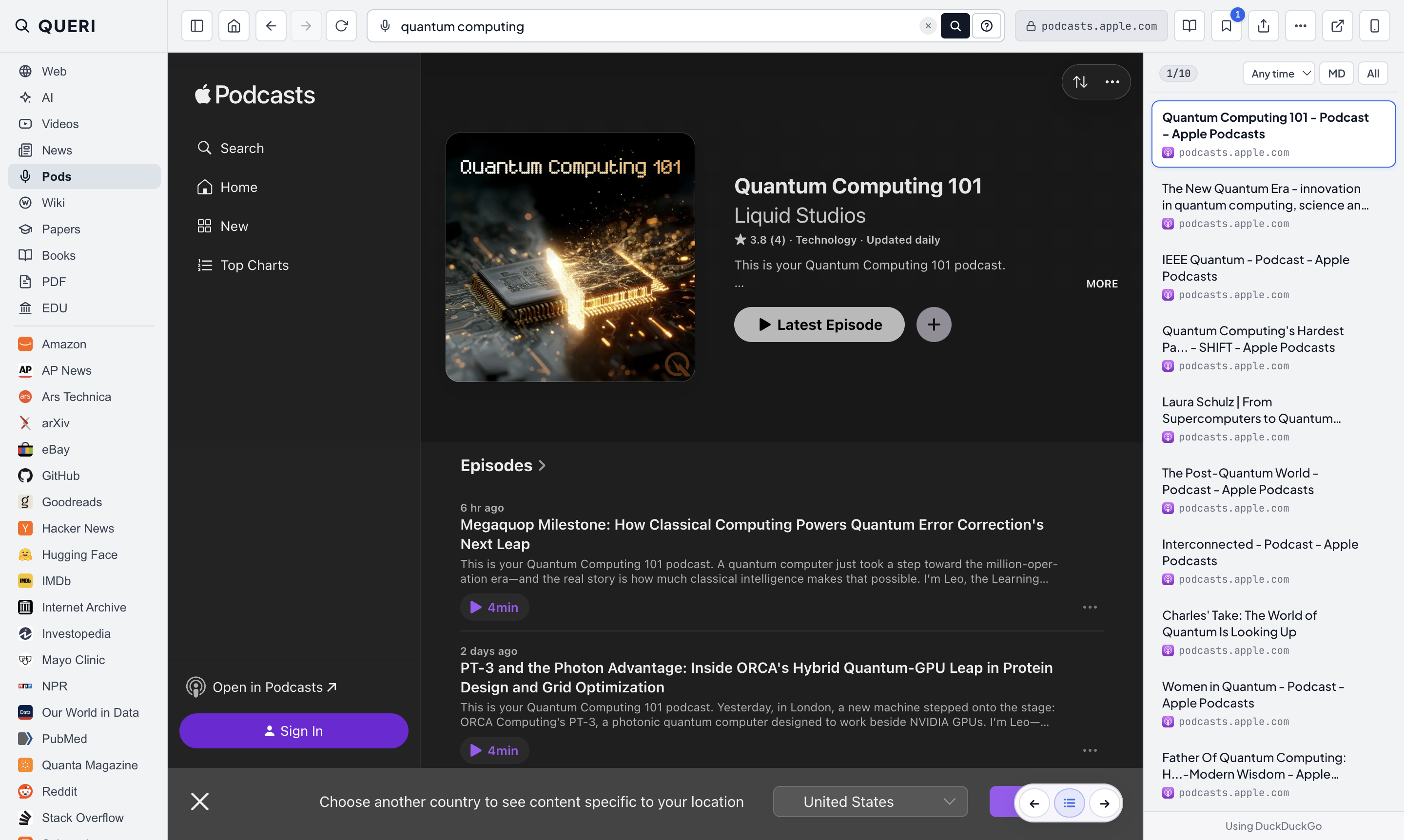 QUERI Pods channel showing podcast episodes for quantum computing.
