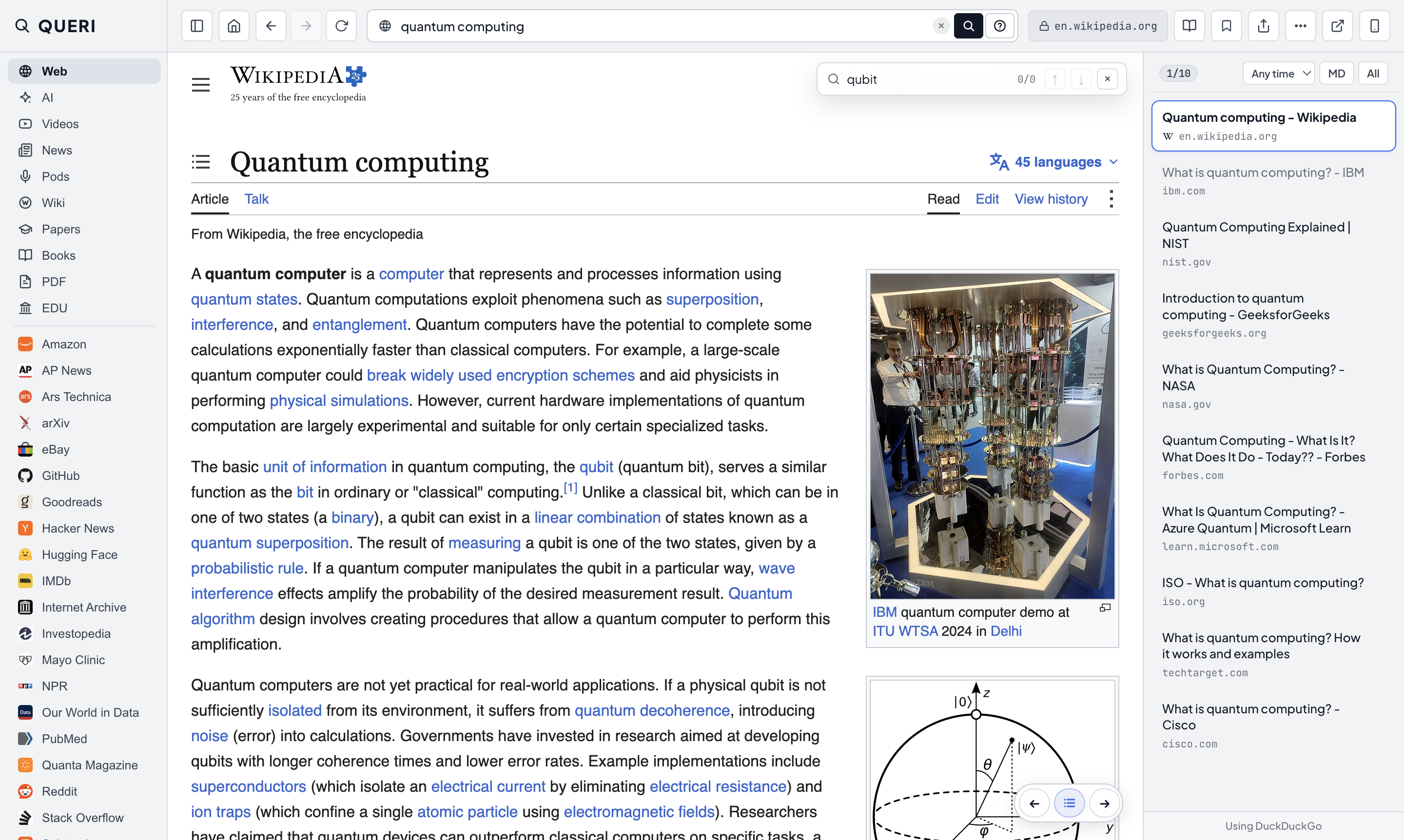 QUERI Find in Page bar highlighting occurrences of the word qubit inside the current article.