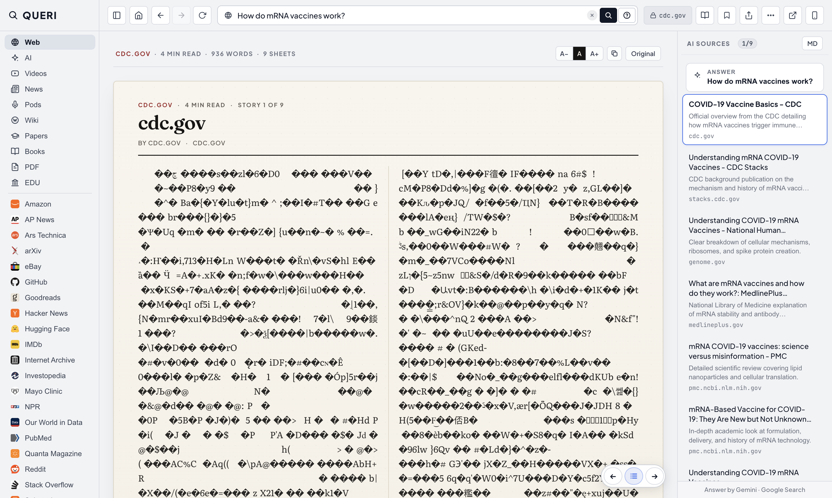 QUERI showing Source #1 from CDC opened directly in the main view with the right-hand AI Sources strip highlighting 1/6.