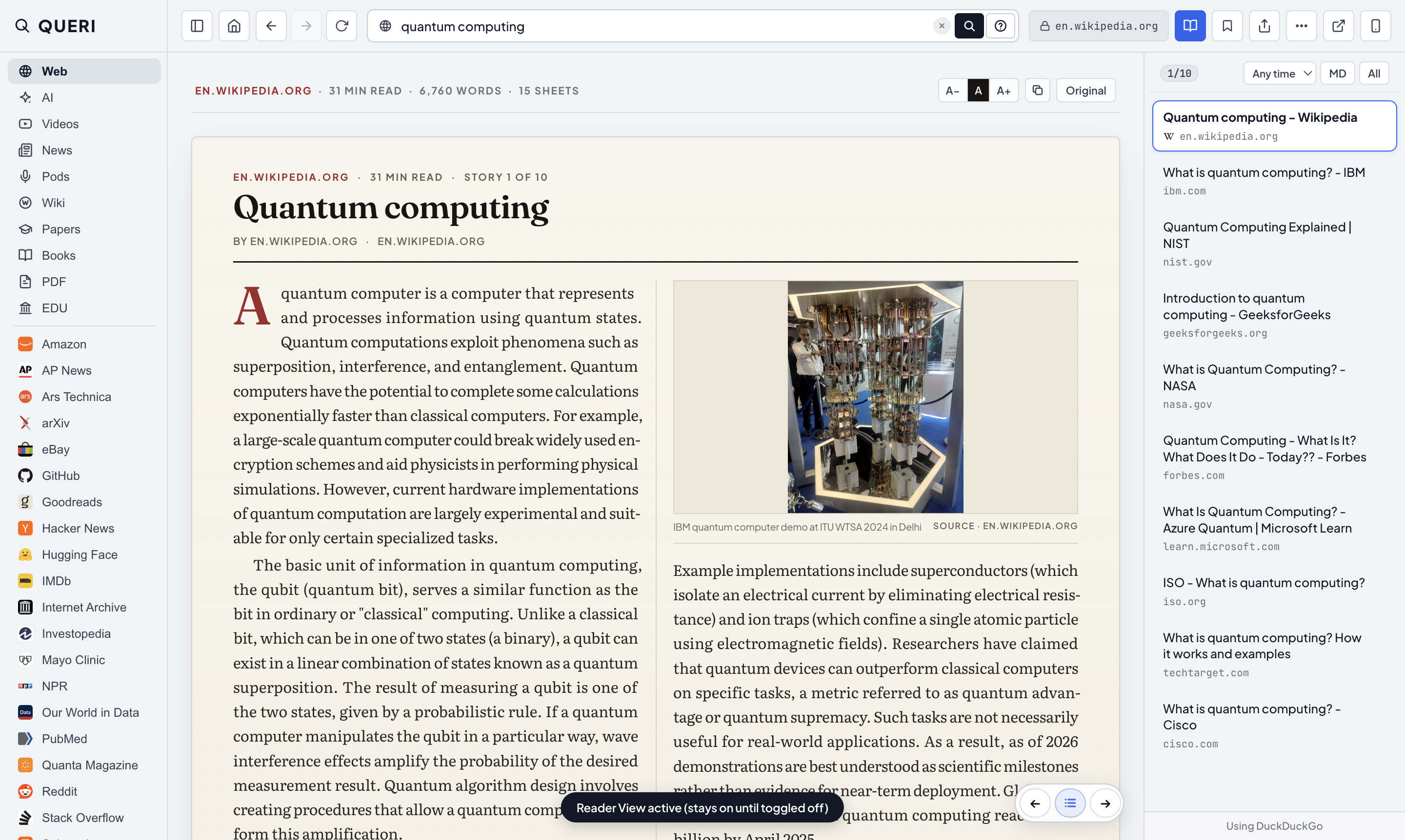 QUERI two-column Broadsheet Reader view.